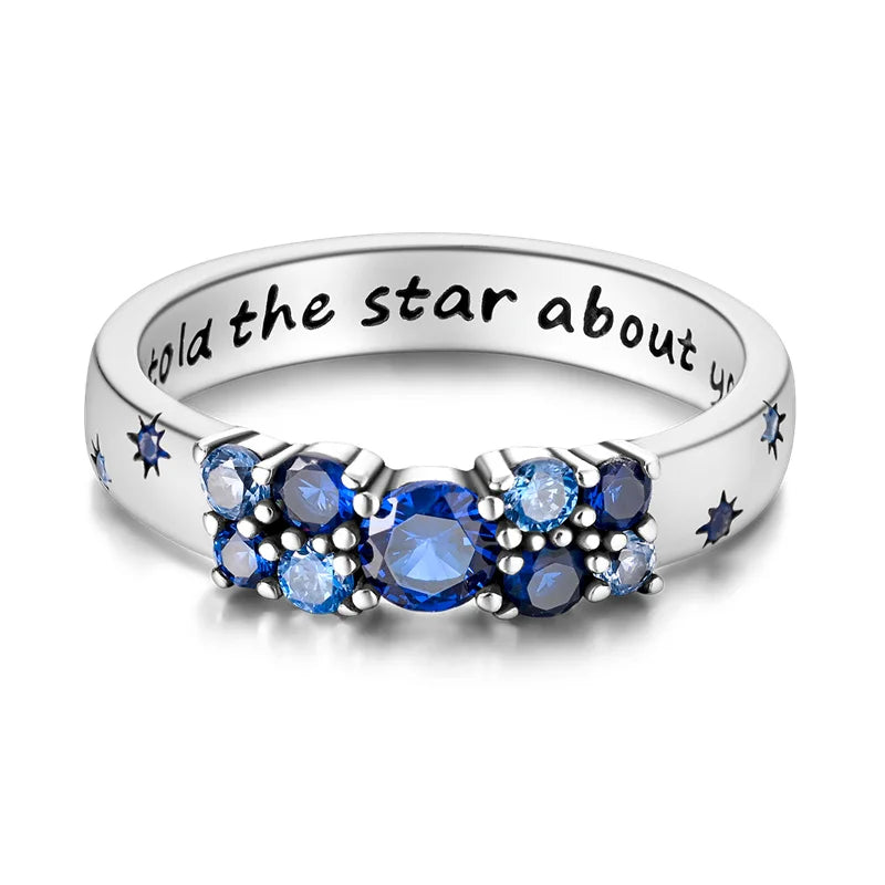 925 Sterling Silver Blue Star Cipher Ring - خاتم نسائي عصري بنجمة زرقاء من الفضة الاسترلينية 925 - مجوهرات راقية للخطوبة والإطلالات اليومية والحفلات، هدية مميزة
