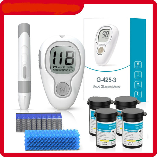 Full Set Blood Glucose Meter Glucometer with Glucose Test Strips - جهاز قياس نسبة السكر في الدم مع شرائط اختبار الجلوكوز - يساعد في مراقبة مستويات السكر لدى مرضى السكري، مجموعة كاملة تحتوي على جهاز Bioland G-425-3 وجميع الملحقات اللازمة