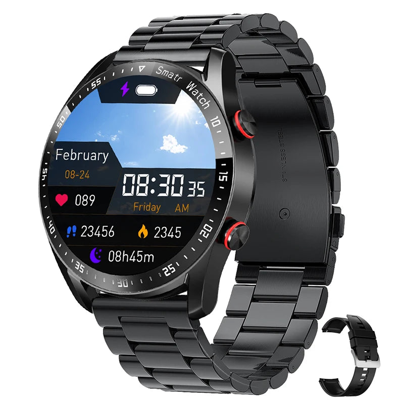 Men's Smart Health Watch: ECG+PPG, Bluetooth Calls, Blood Pressure, Fitness Tracking, Waterproof, Sports Smartwatch with Box.
ساعة ذكية للرجال: رصد ECG+PPG، مكالمات بلوتوث، ضغط الدم، تتبع اللياقة البدنية، مقاومة للماء، ساعة ذكية للرياضة مع علبة.