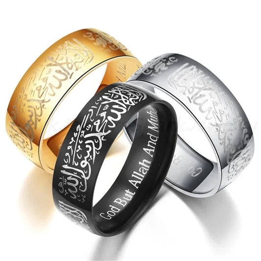 Titanium Steel Quran Messenger Ring - Embrace Faith in Style! Islamic word design for men and women. Vintage Arabic God ring for the trendy individual. Get yours now!
خاتم رسول القرآن من التيتانيوم الفولاذي - اعتنق الإيمان بأناقة! تصميم كلمة إسلامية