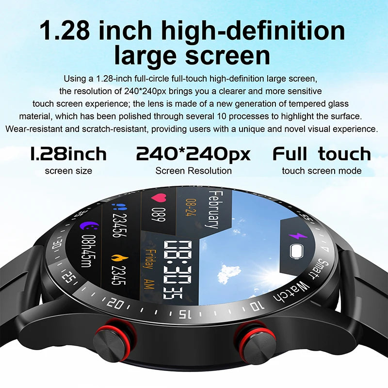 Men's Smart Health Watch: ECG+PPG, Bluetooth Calls, Blood Pressure, Fitness Tracking, Waterproof, Sports Smartwatch with Box.
ساعة ذكية للرجال: رصد ECG+PPG، مكالمات بلوتوث، ضغط الدم، تتبع اللياقة البدنية، مقاومة للماء، ساعة ذكية للرياضة مع علبة.