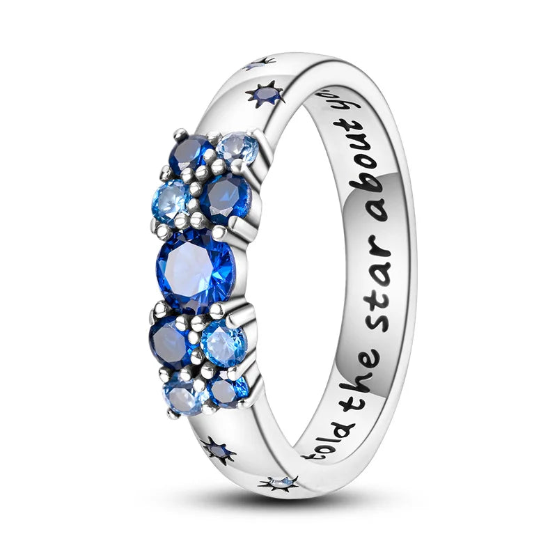 925 Sterling Silver Blue Star Cipher Ring - خاتم نسائي عصري بنجمة زرقاء من الفضة الاسترلينية 925 - مجوهرات راقية للخطوبة والإطلالات اليومية والحفلات، هدية مميزة