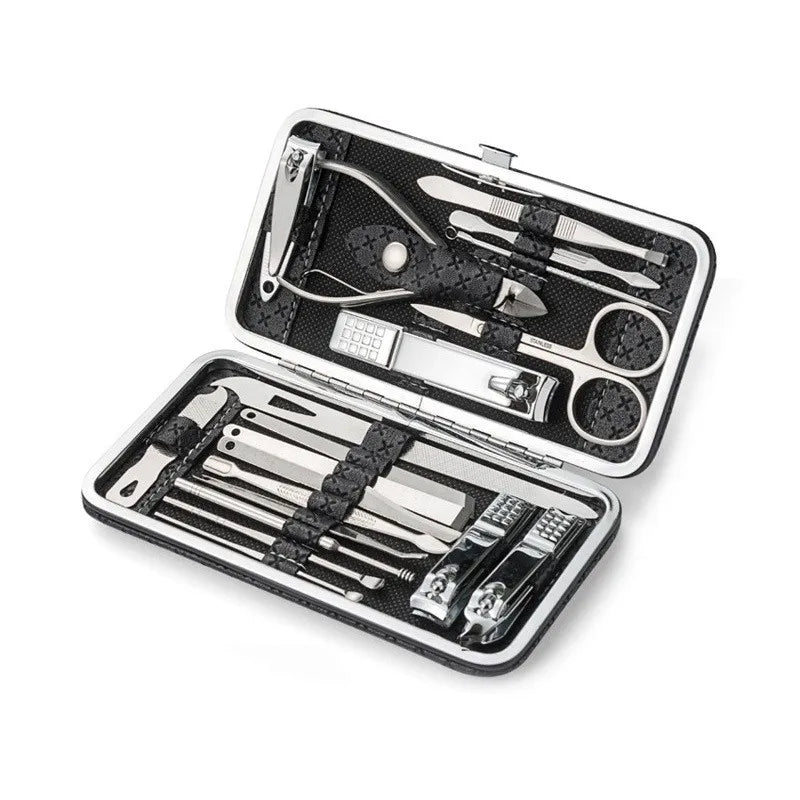 Ultimate 19-Piece Home Nail Care Set - Professional tools for perfect nails! Includes large nail clippers, dead skin remover, precision eyebrow trimmer, and stylish leather case. 
مجموعة قصّ الأظافر المنزلية  بـ 19 قطعة - أدوات احترافية .