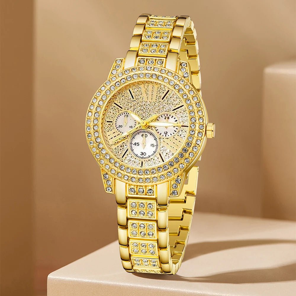 Luxurious Gold Quartz Watch and Jewelry Set for Stylish Women - مجموعة مجوهرات وساعة يد فاخرة باللون الذهبي للنساء الأنيقات