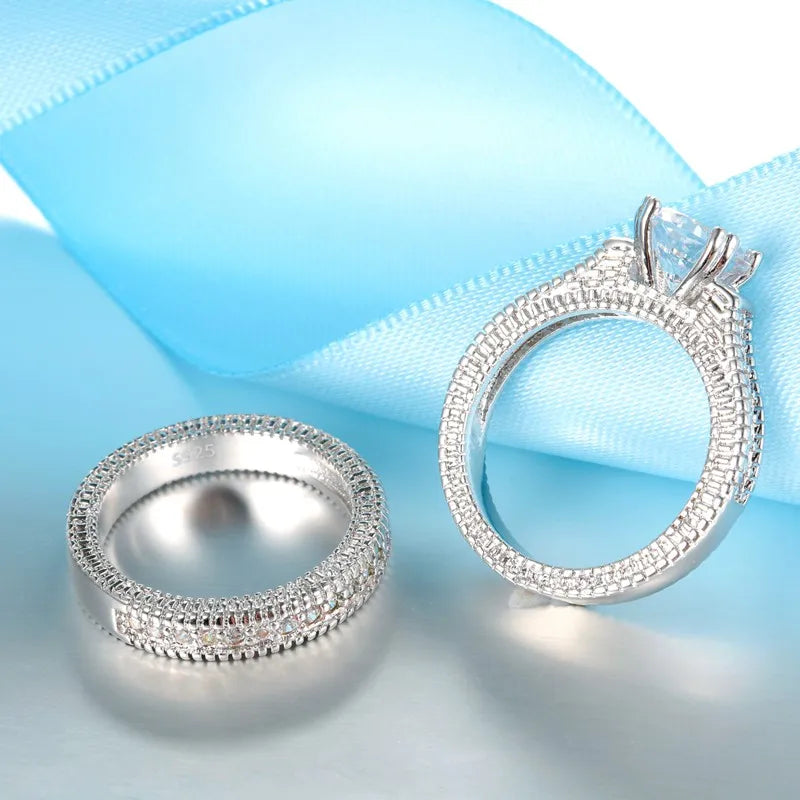 Elegant Wedding Engagement Couple Rings Set - مجموعة خواتم زواج وخطوبة أنيقة مصنوعة من الفضة الاسترلينية 925 بلون فضي مع حجر الزركون اللامع الكامل - إكسسوار رائع للاحتفال بالذكرى السنوية