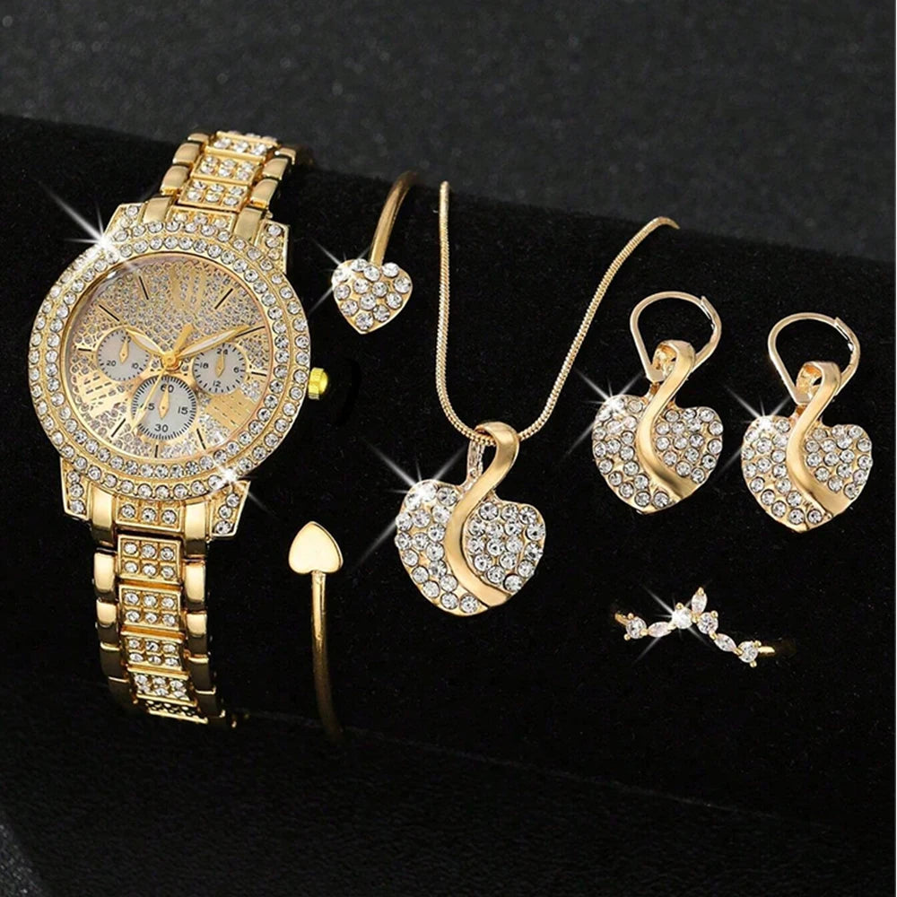 Luxurious Gold Quartz Watch and Jewelry Set for Stylish Women - مجموعة مجوهرات وساعة يد فاخرة باللون الذهبي للنساء الأنيقات