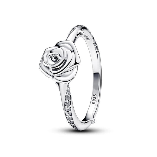 New 925 Sterling Silver Rose Flower Statement Ring for Women - خاتم بأسلوب رائع من الفضة الاسترلينية 925 بتصميم زهرة الورد، موضة وأناقة للحفلات والأفراح، هدية مميزة