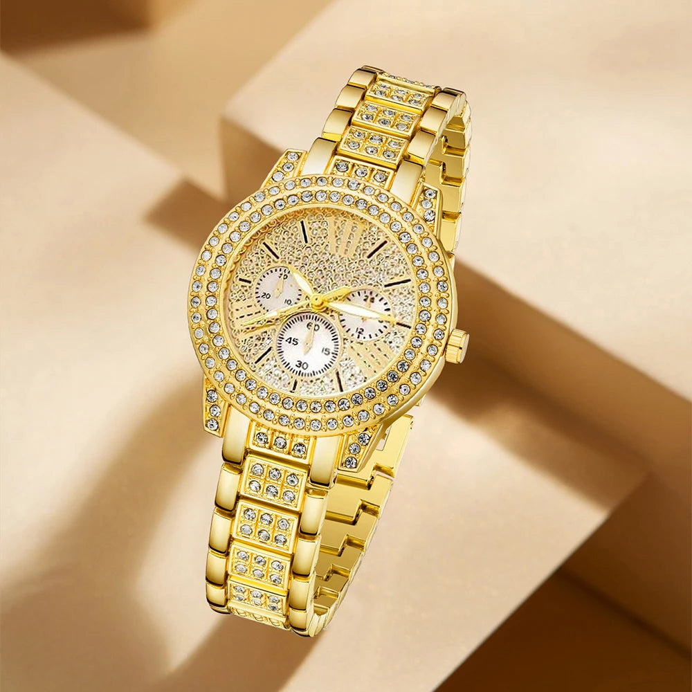 Luxurious Gold Quartz Watch and Jewelry Set for Stylish Women - مجموعة مجوهرات وساعة يد فاخرة باللون الذهبي للنساء الأنيقات