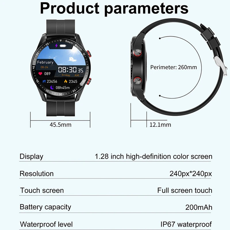 Men's Smart Health Watch: ECG+PPG, Bluetooth Calls, Blood Pressure, Fitness Tracking, Waterproof, Sports Smartwatch with Box.
ساعة ذكية للرجال: رصد ECG+PPG، مكالمات بلوتوث، ضغط الدم، تتبع اللياقة البدنية، مقاومة للماء، ساعة ذكية للرياضة مع علبة.